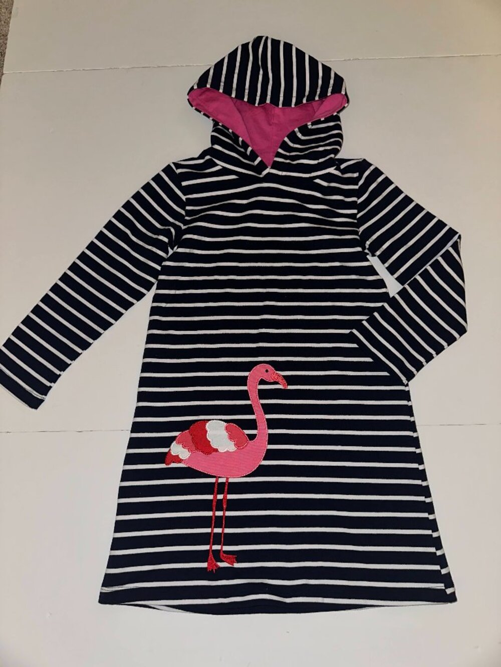 HOODIE DRESS or COVERUP 8/10 girls striped with applique flamingo